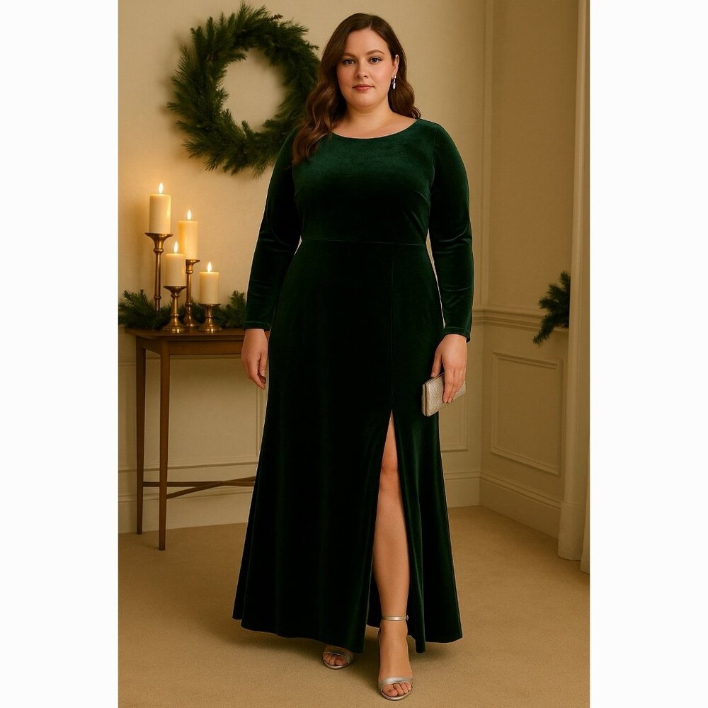 Rebecca B Deep Green Velvet Formal Dress Sz 12 Drape Back Front Leg Slit Holiday